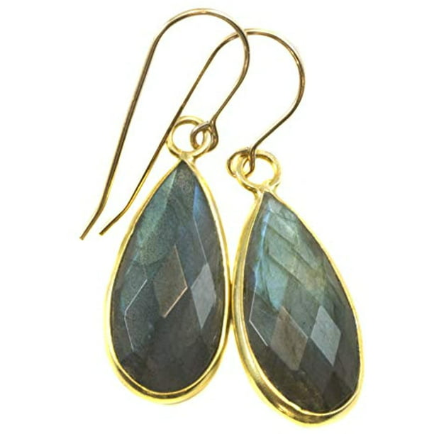 Labradorite Earrings Natural Blue Bezel Triangle Simple Drops 14k Solid Gold